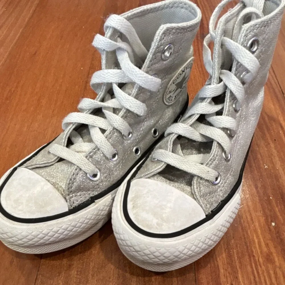 Converse Chuck Taylor All Star Hi Kids Silver Glitter Canvas High Top Sz 11.5